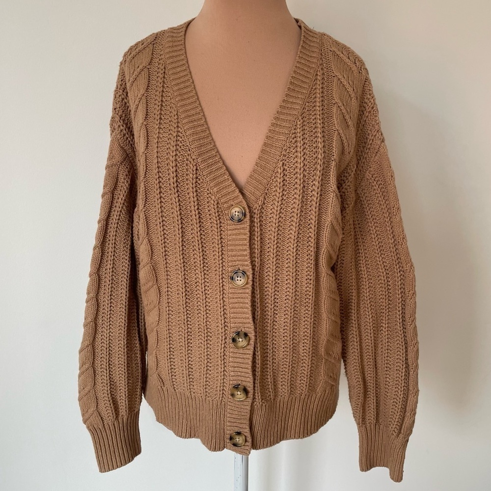 Cupcakes & Cashmere Chunky Cable Knit Brown Cotton Blend Sweater Cardigan EUC M